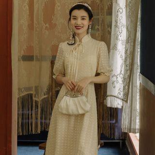 Mandarin Collar Tie-neck Short-sleeve Midi A-line Dress