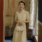 Mandarin Collar Tie-neck Short-sleeve Midi A-line Dress