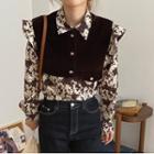 Set: Long-sleeve Floral Print Blouse + Velvet Vest