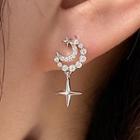 Rhinestone Moon & Star Dangle Earring 1 Pair - With Earring Back - Silver - One Size