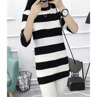 Elbow-sleeve Striped Knit Top Black - One Size