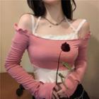 Cropped Off-shoulder T-shirt / Lace Panel Tank Top