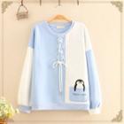 Penguin Print Lace-up Color-block Fleece-lined Pullover