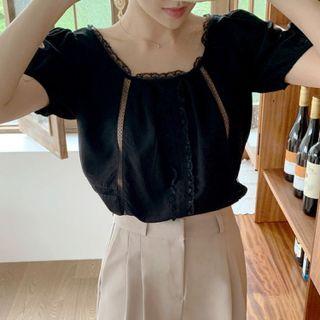 Short Sleeve Plain Lace Trim Top