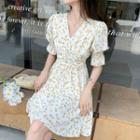 Short Sleeve V-neck Smocked Cuff Floral Print A-line Dress