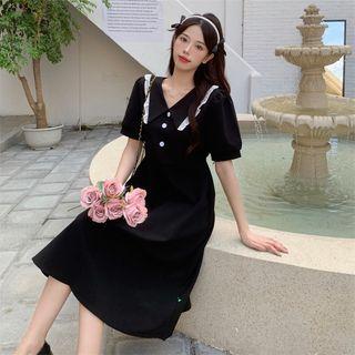 Puff-sleeve Ruffle Lace Collared Midi A-line Dress