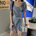 Puff-sleeve Asymmetric Button Denim Mini A-line Dress As Shown In Figure - One Size