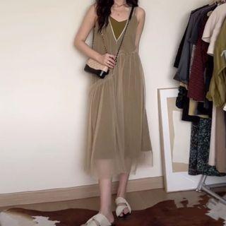 Frilled V Neck Mesh Dress