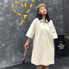 Plain Loose-fit Short-sleeve Dress Almond - One Size