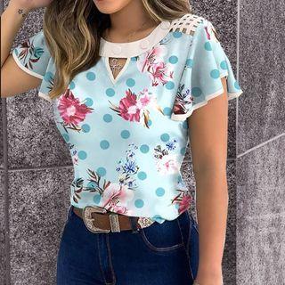 Ruffle-sleeve Floral Print Cutout Top