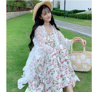 Sleeveless Floral A-line Midi Dress / 3/4-sleeve Lace Light Jacket