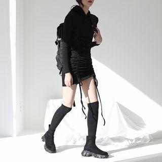 Drawstring Long-sleeve Slim-fit Dress Black - One Size