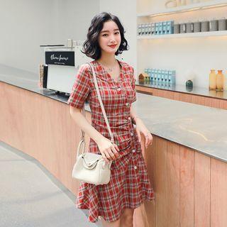 Plaid Short-sleeve Ruched Mini A-line Dress