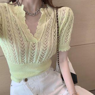 V-neck Ruffle Cut-out  Knit Crop Top
