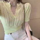 V-neck Ruffle Cut-out  Knit Crop Top