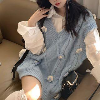 Plain Shirt / Flower Detail Cable-knit Sweater Vest