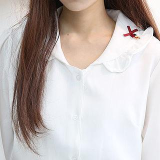 Frill-collar Puff-shoulder Beribboned Blouse