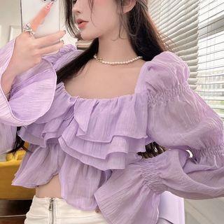 Square Neck Ruffle Chiffon Blouse