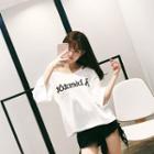 Open Shoulder Letter 3/4-sleeve T-shirt