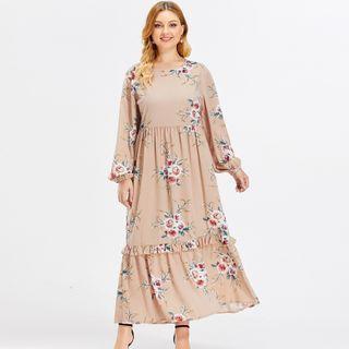 Plus Size Long-sleeve Floral Print Midi A-line Dress