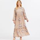 Plus Size Long-sleeve Floral Print Midi A-line Dress