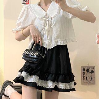 Puff-sleeve Tie-front Frill Trim Top / Eyelet Lace Trim Mini A-line Skirt