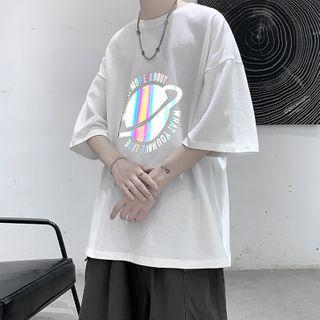 Reflective Elbow-sleeve Planet Printed T-shirt