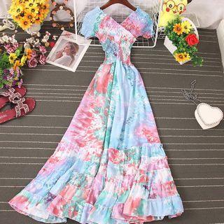 Short-sleeve Tie-dye Print Maxi A-line Dress
