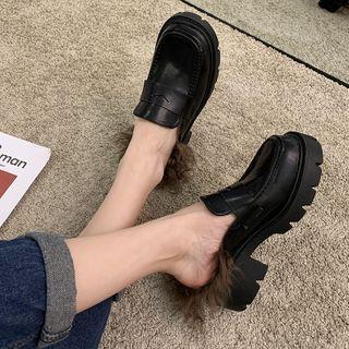 Platform Block Heel Furry Trim Loafers