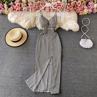 Strappy V-neck Houndstooth Slit Maxi Dress