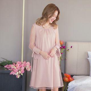 Long-sleeve Tulle-overlay Tie-up Dress