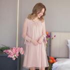 Long-sleeve Tulle-overlay Tie-up Dress