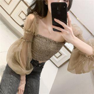 3/4-sleeve Shirred Panel Chiffon Crop Top