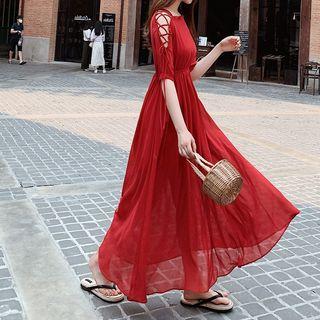 Lace Up Elbow-sleeve Maxi A-line Dress