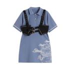 Set: Short-sleeve Print Polo Mini Dress + Grommet Vest