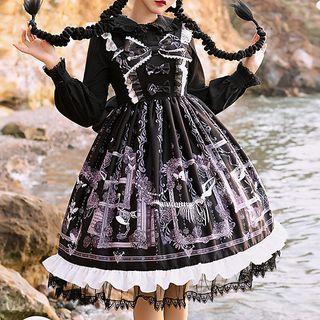 Lace Trim Ribbon Print A-line Overall Dress
