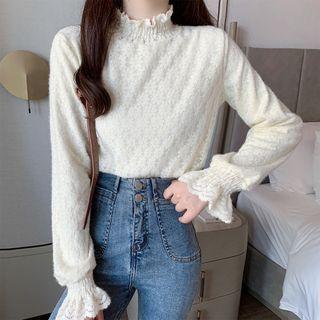 Long-sleeve Mock-neck Frill Trim Lace Top