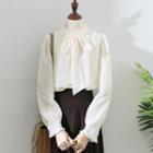 Long-sleeve Stand-collar Plain Bow Wood Ear Trim Lace Shirt