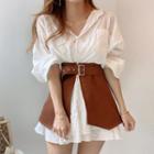 Elbow-sleeve Plain Shirt / Front-slit Mini A-line Skirt