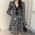 Long-sleeve Knit Houndstooth A-line Dress