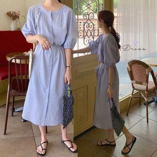 Elbow Sleeve Plain A-line Shirtdress