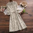 Long-sleeve Floral Corduroy Midi A-line Dress