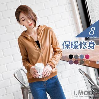 Faux Leather Fleeced Hooded Jacket