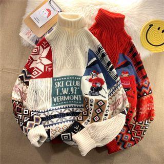 Turtleneck Print Panel Sweater