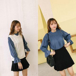 Flared-cuff Blouse / High-waist A-line Skirt / Cable Knit Vest / Set