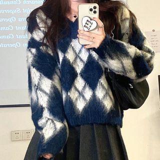 Argyle Knit Sweater Blue & White - One Size