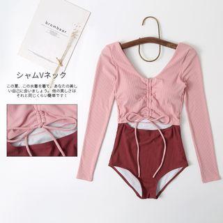 Long-sleeve Two-tone Drawstring Swimsuit