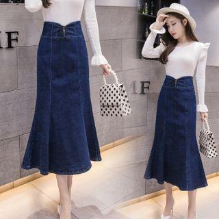Lace-up Front Denim Midi Skirt