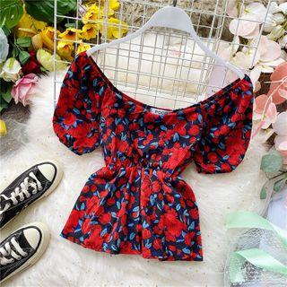 Floral Print Slim-cut Puff-sleeve Blouse