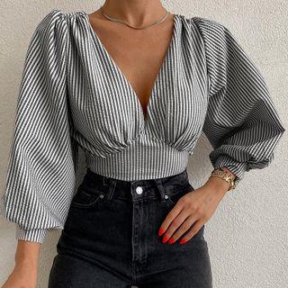 Lantern-sleeve V-neck Striped Blouse